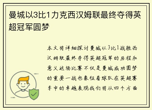 曼城以3比1力克西汉姆联最终夺得英超冠军圆梦