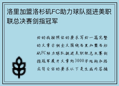 洛里加盟洛杉矶FC助力球队挺进美职联总决赛剑指冠军